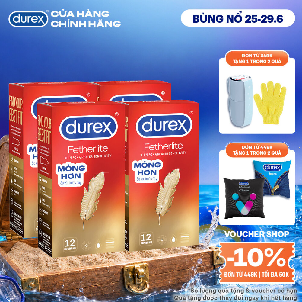 Bộ 4 Hộp Bao cao su Durex Fetherlite siêu mỏng, size 52.5mm, 12 bao/hộp