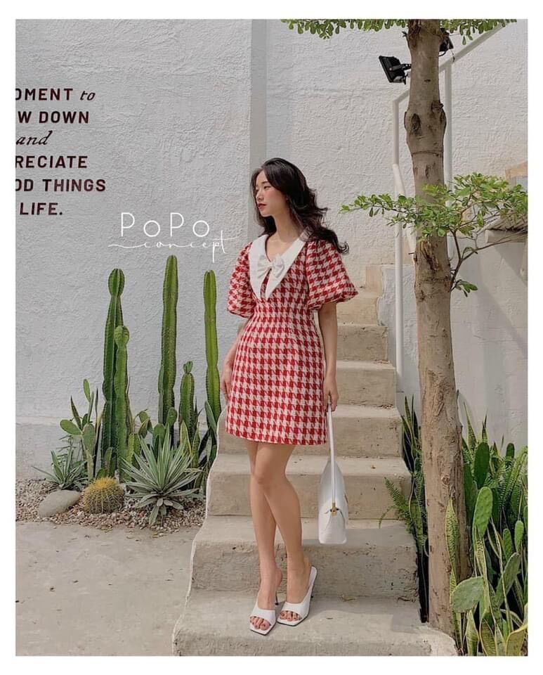 Đầm caro đỏ cổ nhọn ❤️❤️❤️