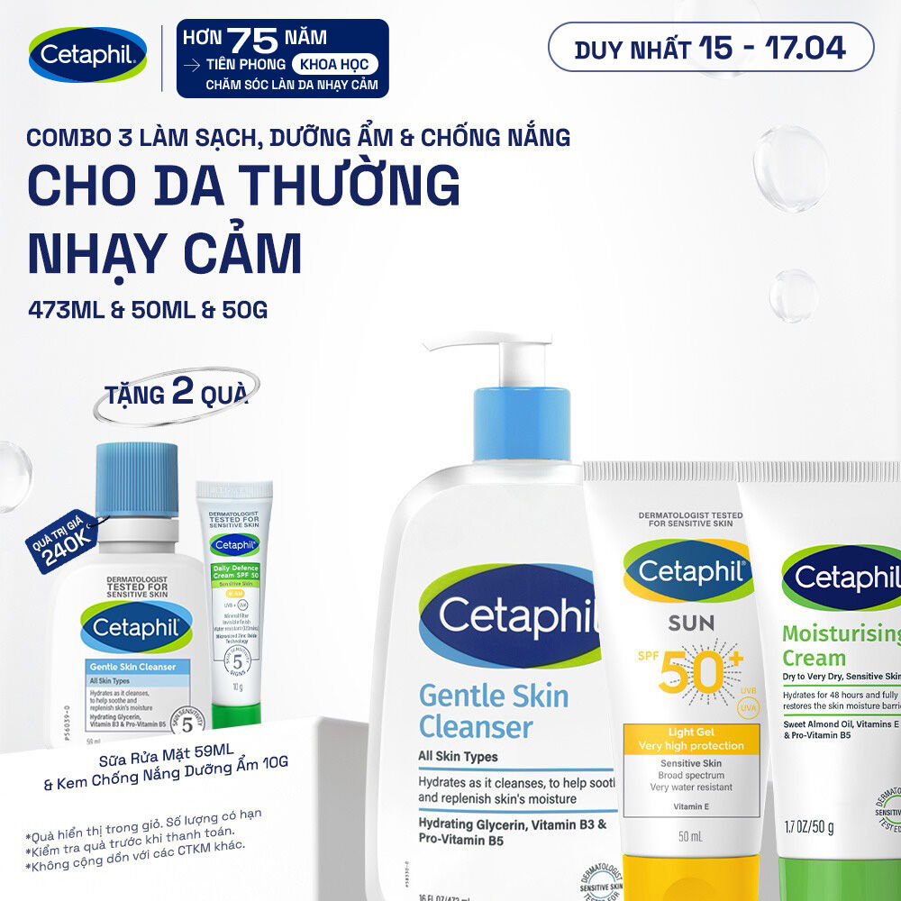 Combo 3 Bước Cetaphil Chăm Da Dịu Lành: Sữa rửa mặt 500ML + Kem dưỡng ẩm 50G + Gel chống nắng SPF50+