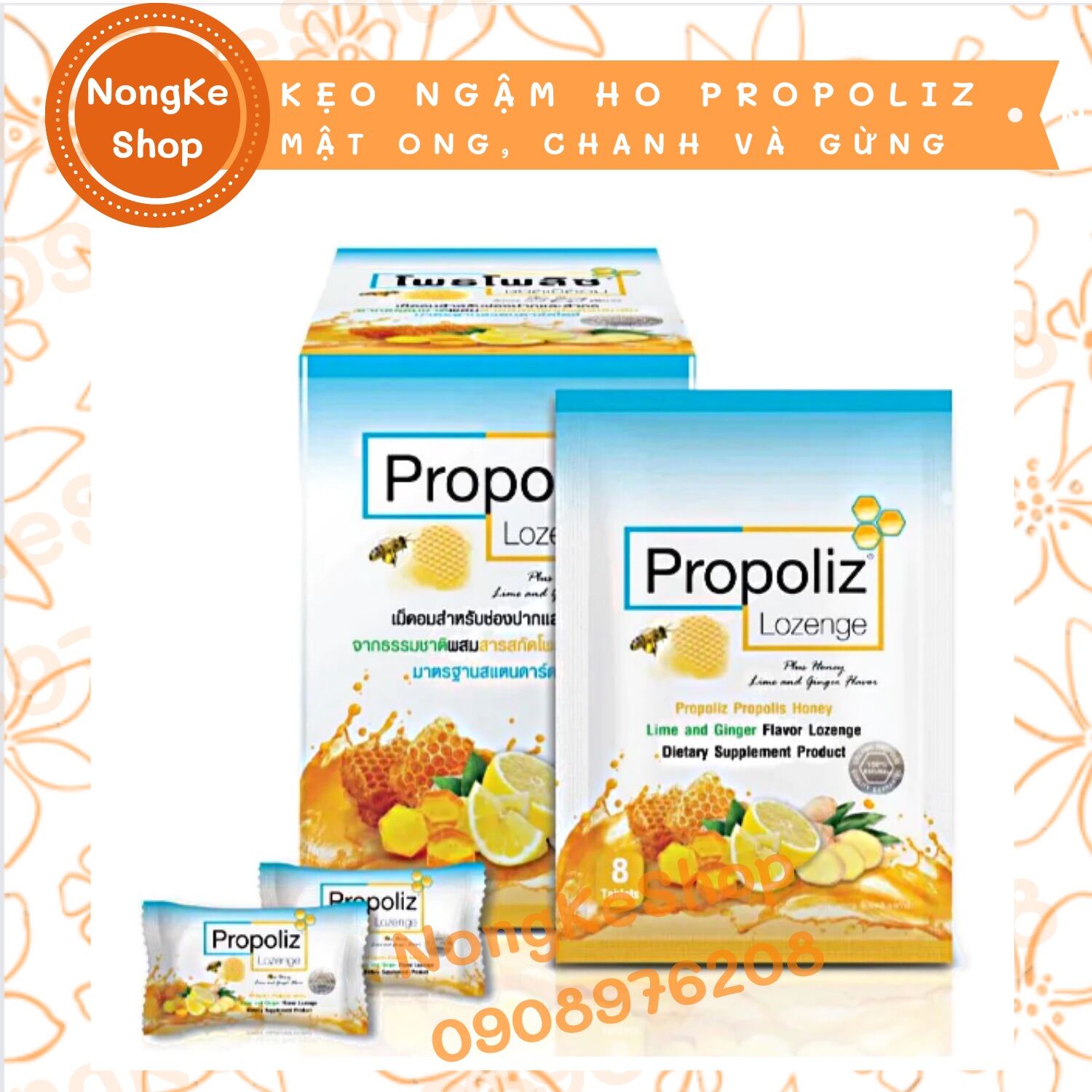 100% Thái N.Địa KẸO NGẬM GIẢM HO KEO ONG PROPOLIZ GÓI NHỎ