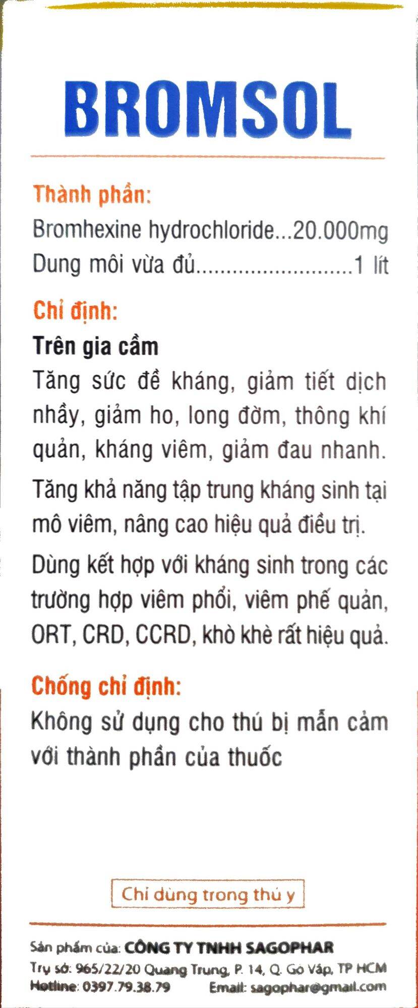 Sago BROMSOL (Lọ lớn 20ml) - Thông khí quản, giảm khò khè, long đờm, dễ thở. Sản phẩm cao cấp chuyên dùng cho gà đá, chim cảnh