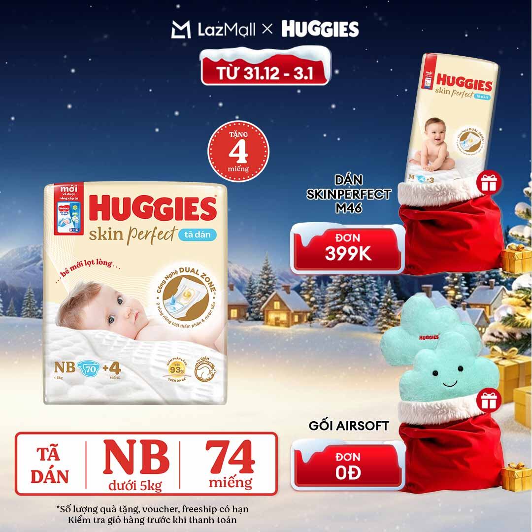 CHỈ 20h 31.12-03.01 QUÀ TẶNG ĐƠN 0Đ Tã bỉm dán sơ sinh Huggies Skin Perfect NB70 với 2 vùng thấm giảm kích ứng da tặng miếng thay đổi theo từng đợt