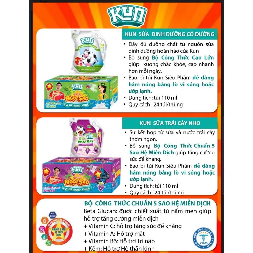 THÙNG 24 TÚI SỮA KUN 110ML MIX VỊ (24 túi x 110ml)