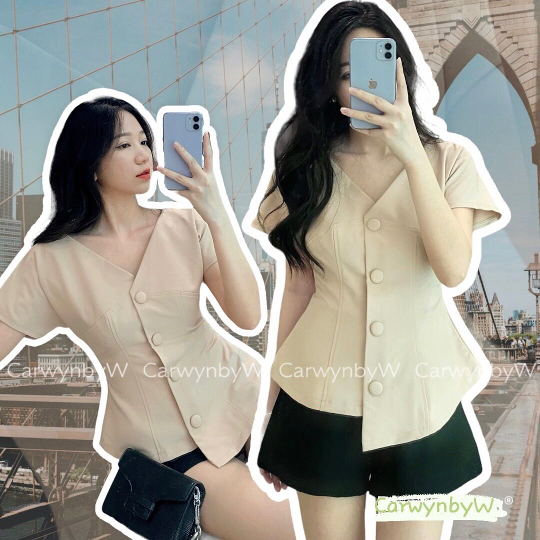 CarwynbyW - Áo Thiết Kế Cổ V Nút Bọc (Adela Top)