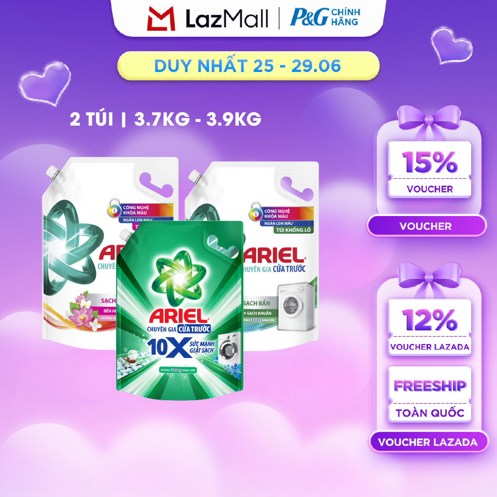 Combo 2 Nước Giặt Cửa Trước ARIEL Ngăn Lem Màu, Quần Áo Siêu Thơm Hương Downy Nắng Sớm/ Hương Sen Nhài/ Oải Hương Túi 3.9KG/ 3.7KG
