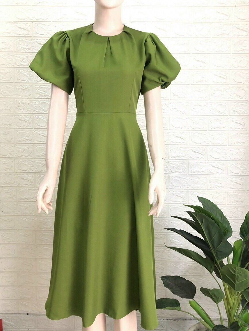 Đầm xoè xanh tay phồng