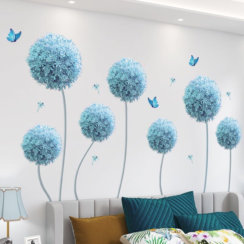 Decal dán tường phòng khách cẩm tú cầu xanh.
