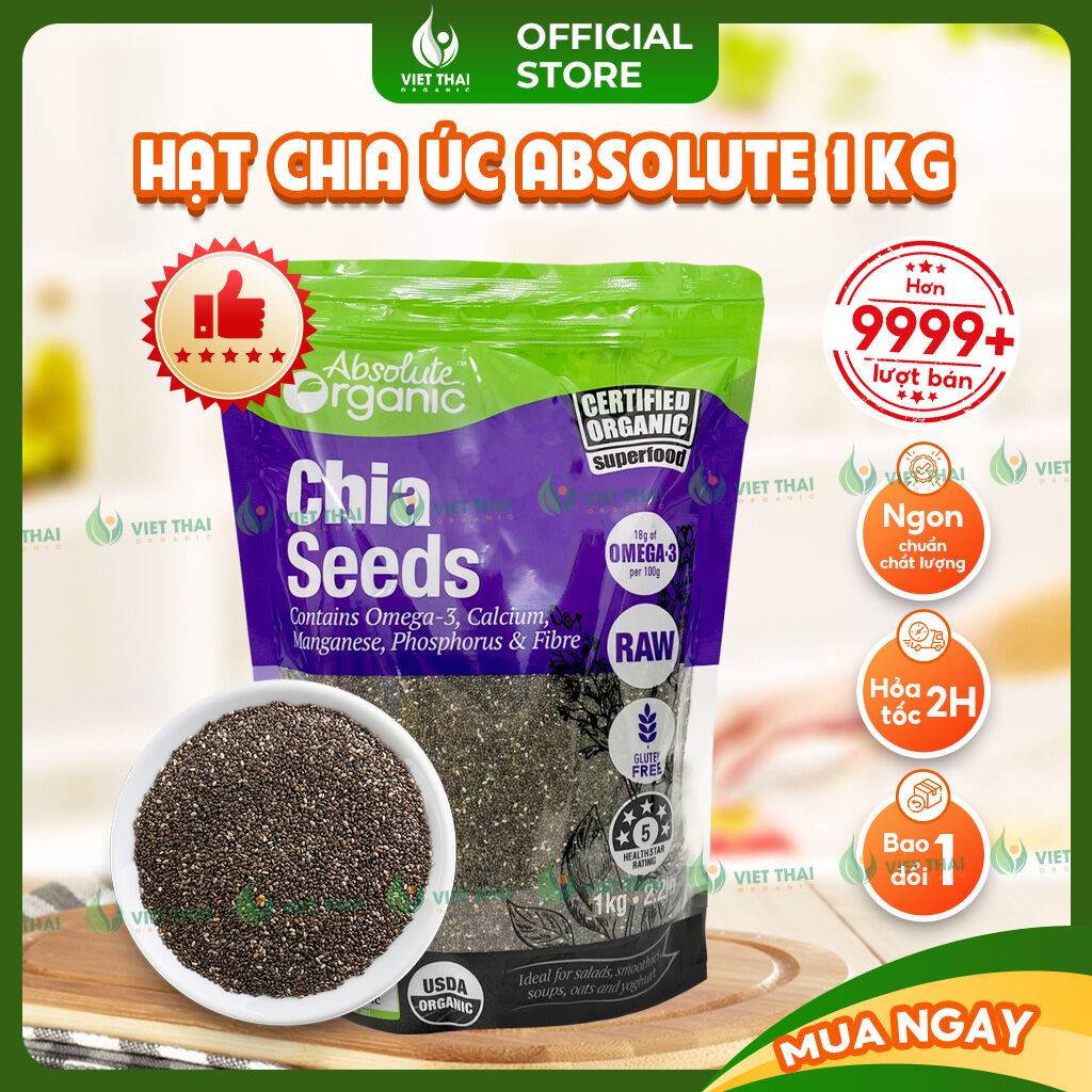 Hạt Chia Úc Hữu Cơ 1KG Absolute Organic hàng DATE MỚI LOẠI NGON Ăn Kiêng Giảm Cân Hạt Chuẩn Sạch Đều Đẹp Đủ Ký (Việt Thái Organic)