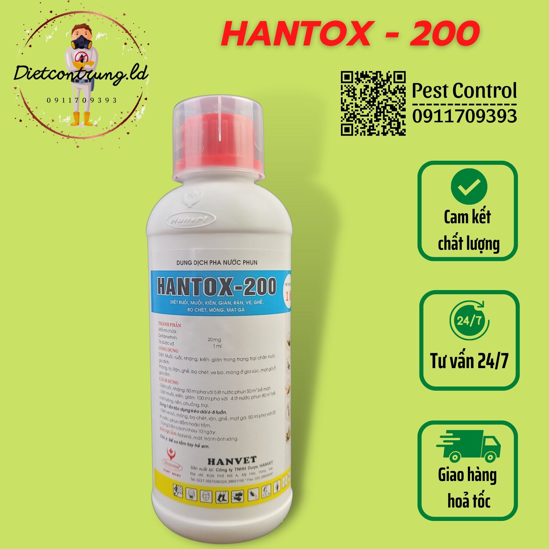 Hantox -200 thuốc diệt ruồi, muỗi, ve, rận, bọ chó mèo - 1000ml