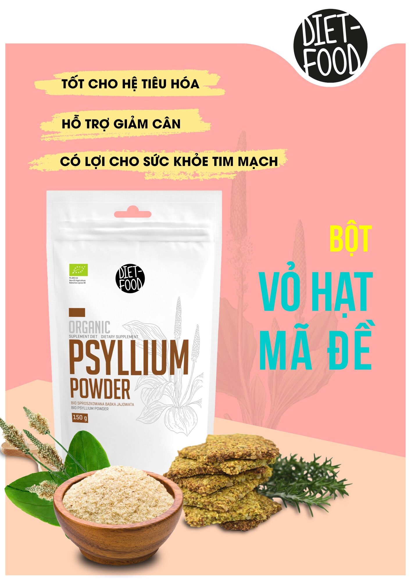 Bột vỏ hạt mã đề psyllium hữu cơ 150g diet food