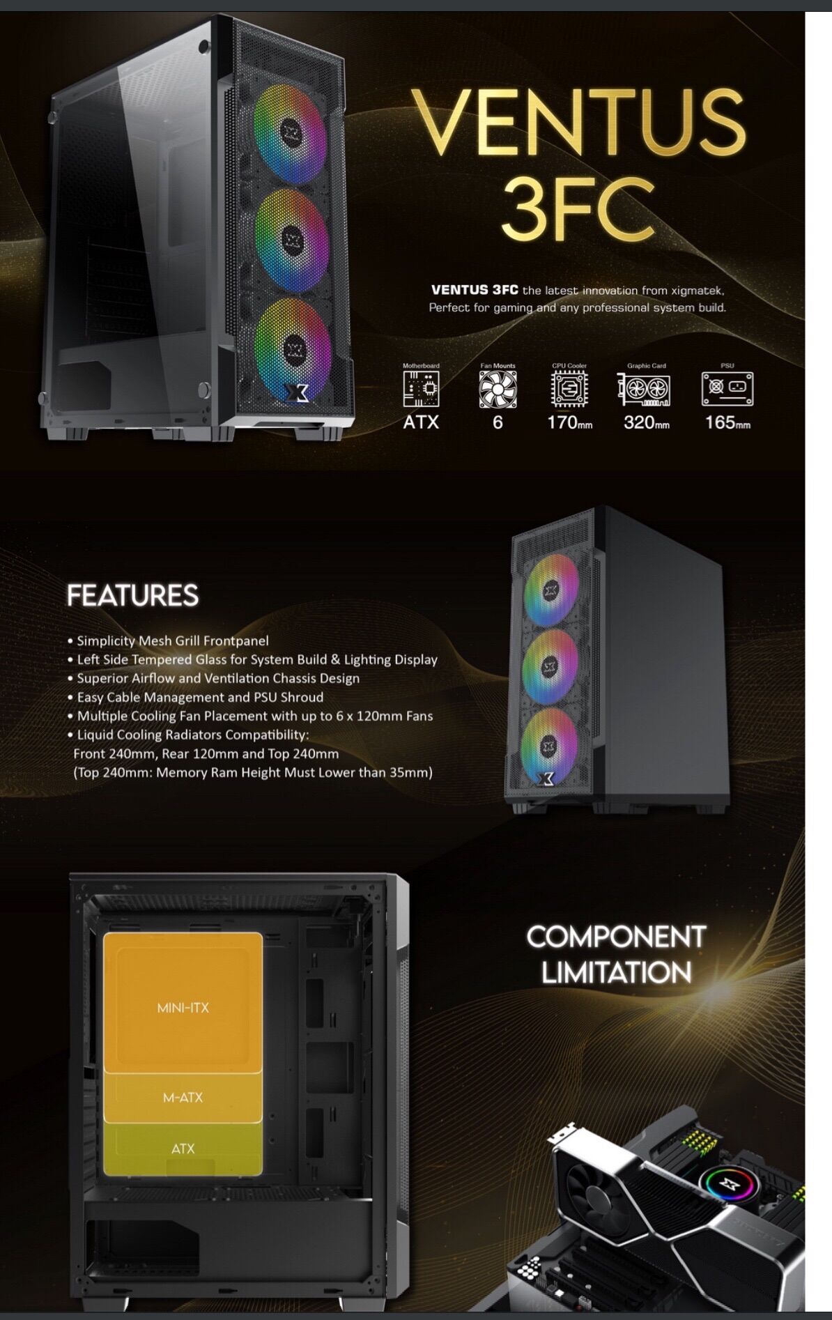 Vỏ case máy tính xigmatek ventus 3fc - gaming atx, kèm 03 fan xigmatek x20c rgb