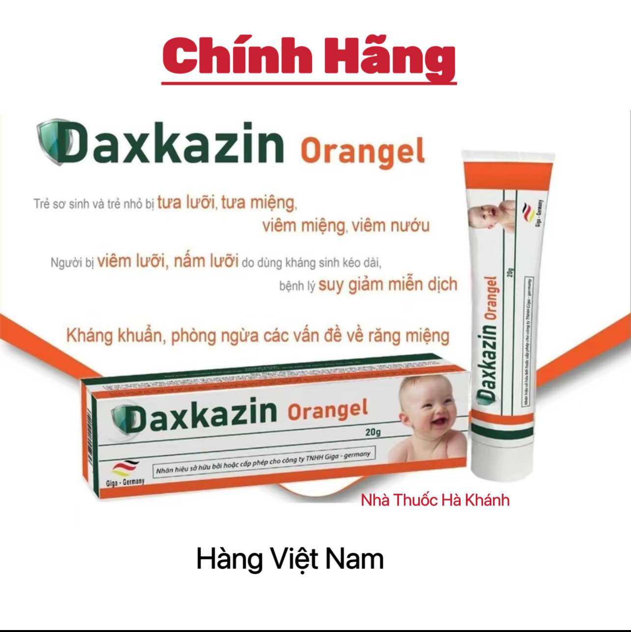 {Chính Hãng Việt Nam} Daxkazin Orangel - Bôi Nấm Lưỡi, Nấm Trong Khoang Miệng Cho Bé Từ 0 Tháng Tuổi Trở Lên (Tuýp 20g)