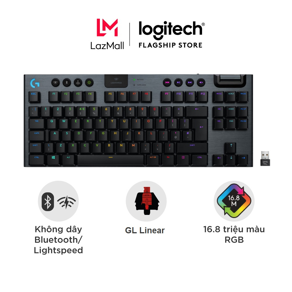 [Voucher 12% Max 300K] Bàn phím game cơ học không dây Lightspeed Logitech G913 TKL - Không phím số, 3 loại switch cấu hình thấp, Bluetooth/USB, RGB Lightsync