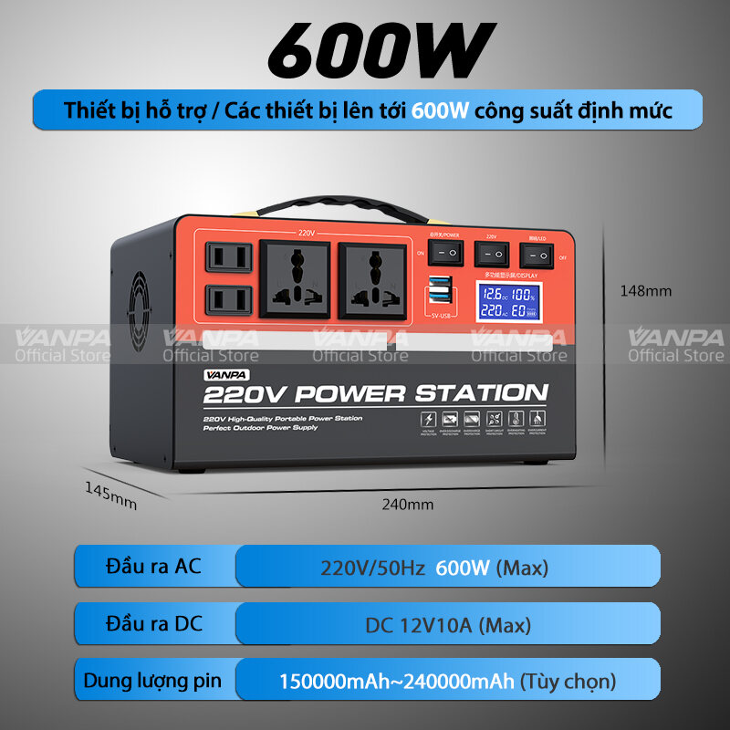 Trạm sạc dự phòng di động VANPA 300W/600W - sạc cho nhiều thiết bị 220V - Pin dự phòng cho gia đình 