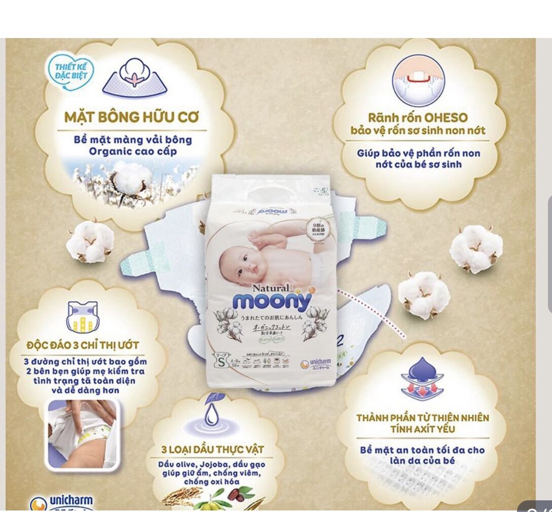 Bỉm - Tã dán Moony Natural nội địa size S 58 miếng (4 - 8kg).Date 2025