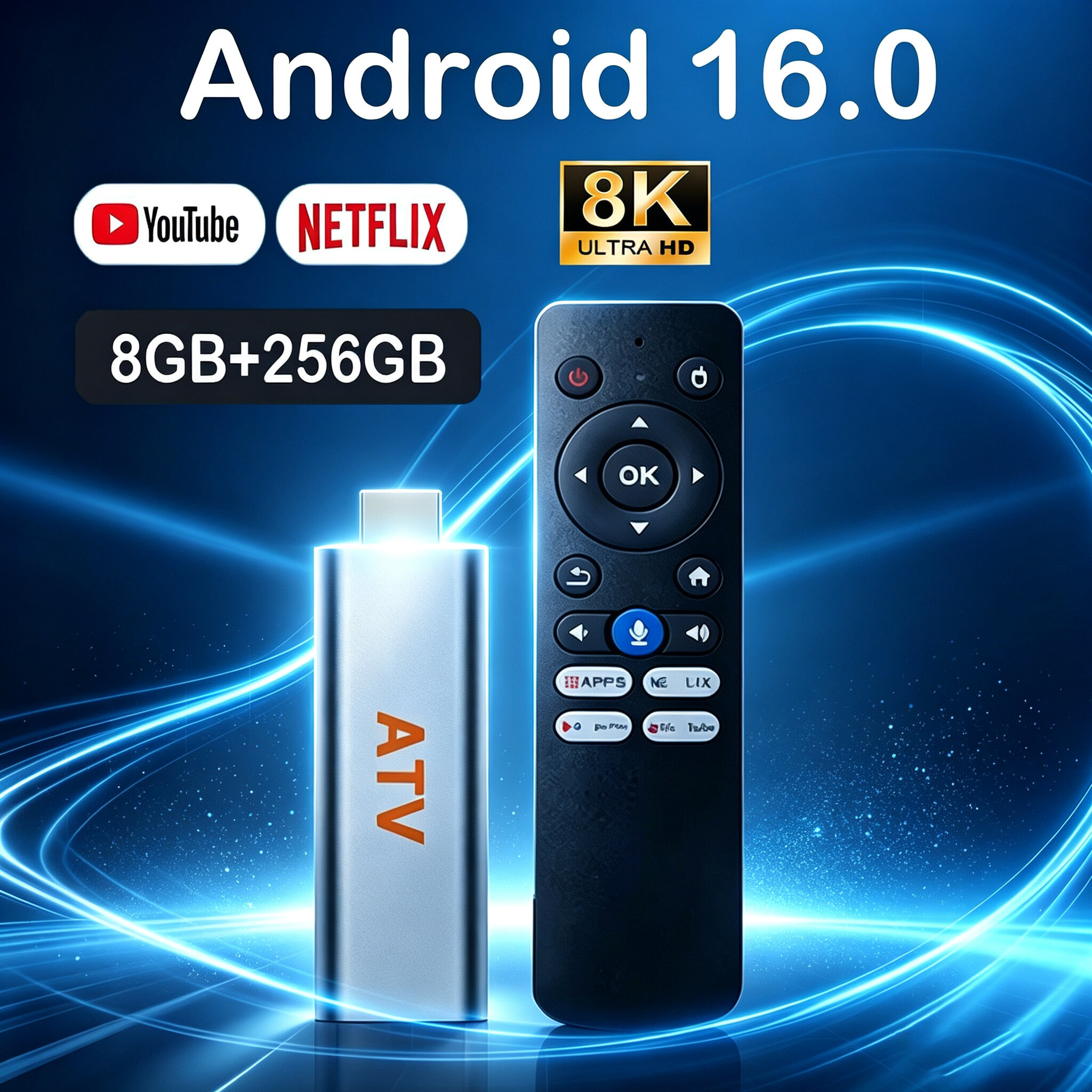 Video 8K Android 16 TV Stick ATV Có Bluetooth 6.0 WiFi Google Assistant Smart Media Player Phát Trực Tuyến Toàn Cầu Hỗ Trợ Netflix