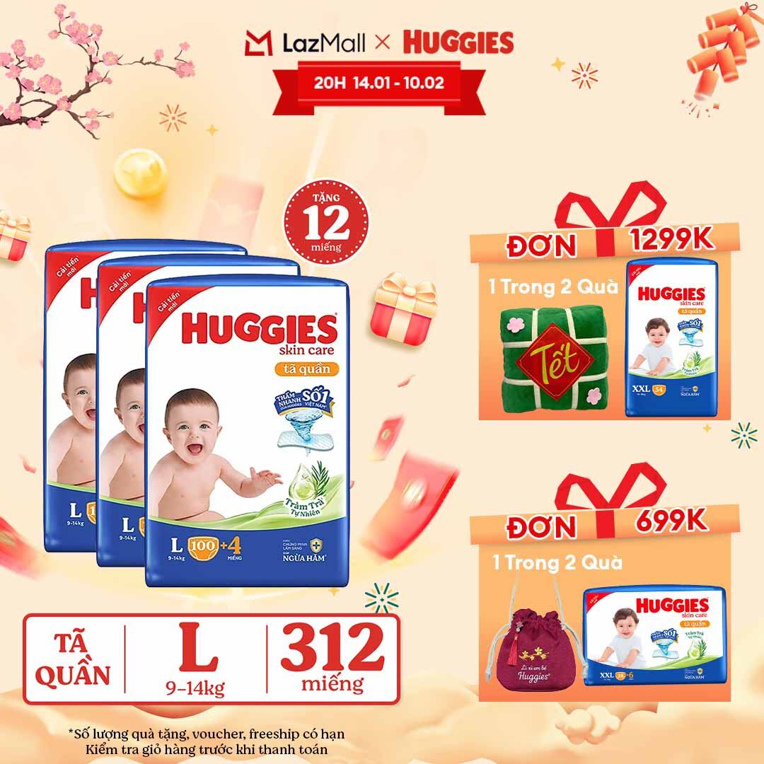 [CHỈ 15.01-10.02 GIẢM THÊM 90K] Combo 3 Gói Tã/bỉm quần HUGGIES SKINCARE MEGA JUMBO size L96+8 miếng/ L100+4 miếng