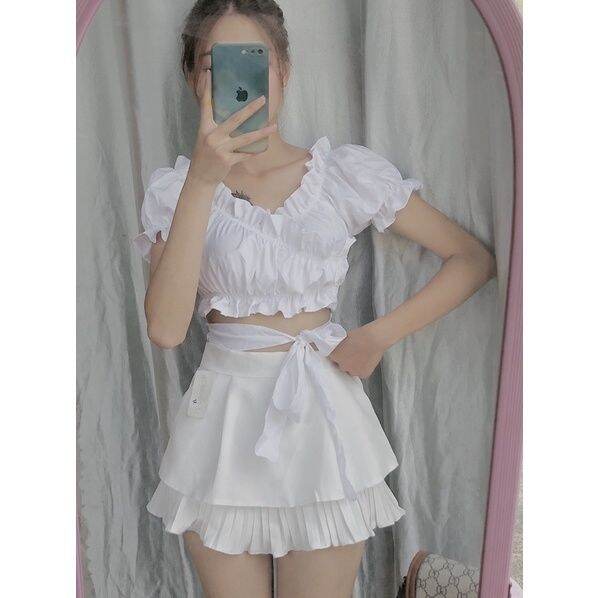 [HCM]Áo kiểu nữ form croptop chất kate lụa nhún dây cột eo