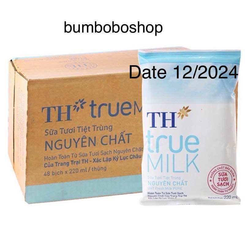Thùng 48 bịch TH true milk nguyên chất không đường (220ml/bịch) - date 12/2024