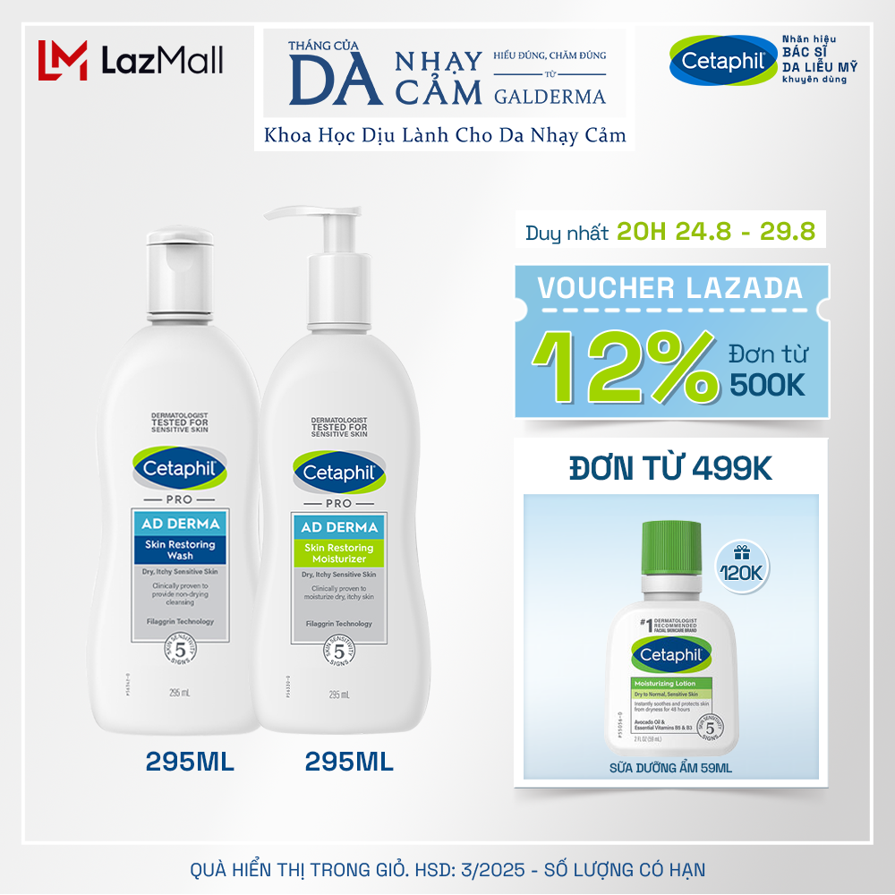 Combo Sữa tắm và Kem dưỡng ẩm cho viêm da cơ địa Cetaphil Pro AD Derma Wash 295ml + Cetaphil Pro AD Derma Moisturizer 295ml