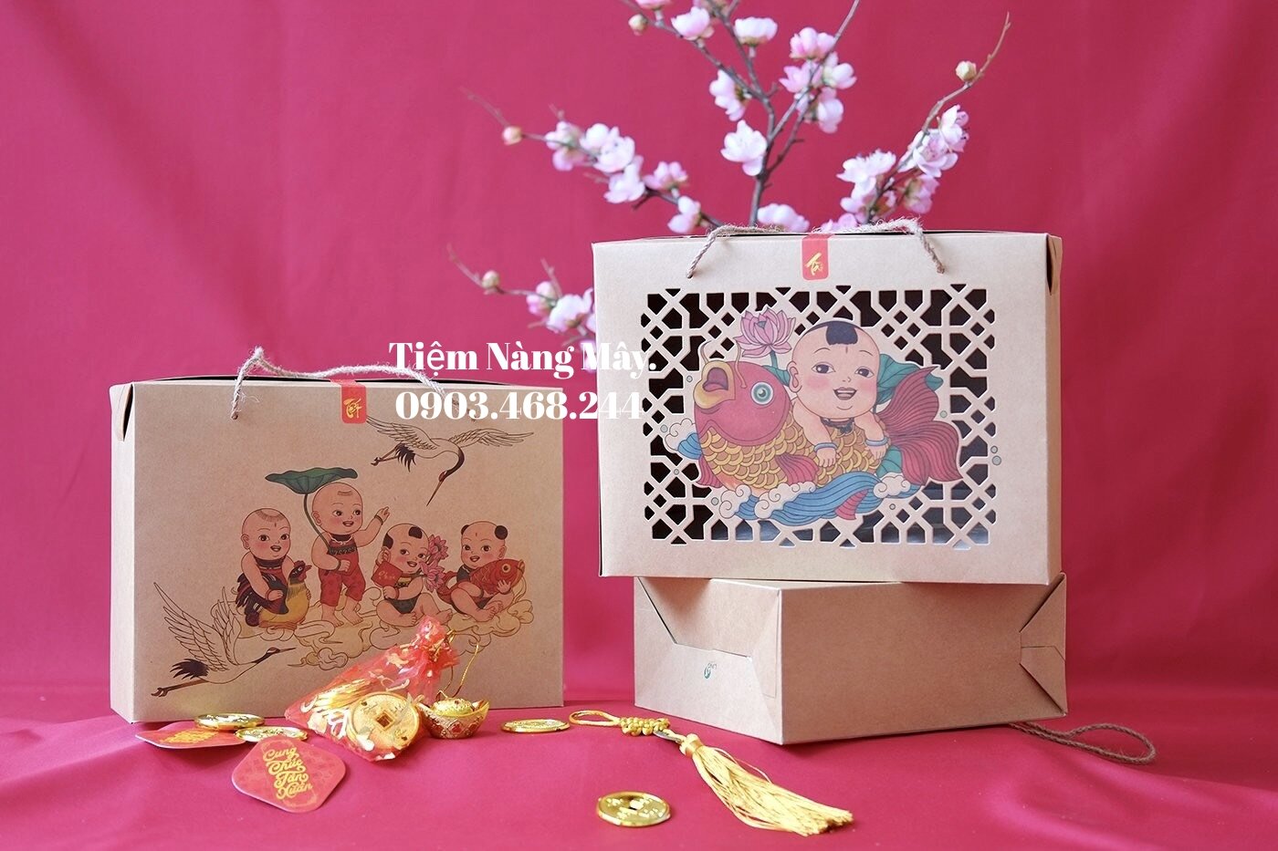 Hộp giấy kraft đựng bánh kẹo 10 hộp- Tặng tem tết
