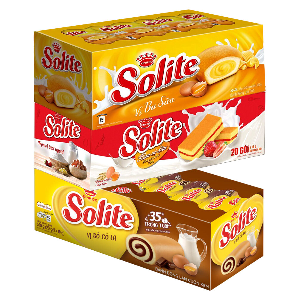 Bánh bông lan kem Solite loại cuộn, tròn và tầng hộp 360gr