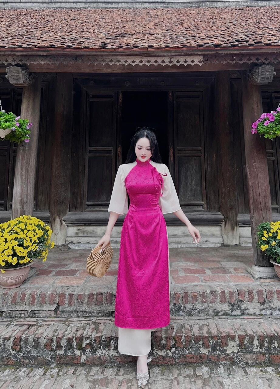 ÁO DÀI BIGSIZE GẤM HOA THẮT NƠ PHỐI QUẦN DÀI (L-2XL)