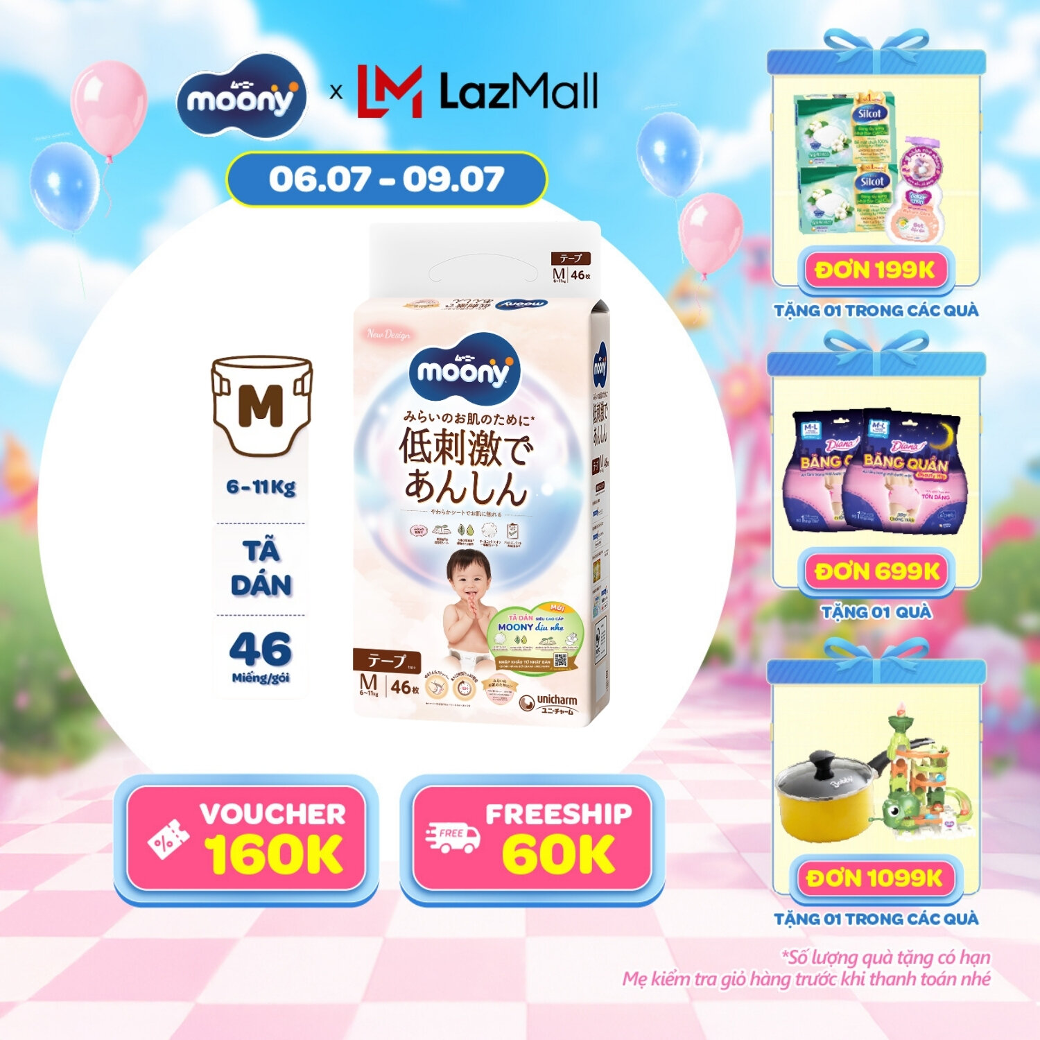 [SALE CUỐI THÁNG QUÀ SLCH] Tã dán Moony Dịu Nhẹ siêu cao cấp M46 miếng - Nhập khẩu từ Nhật Bản