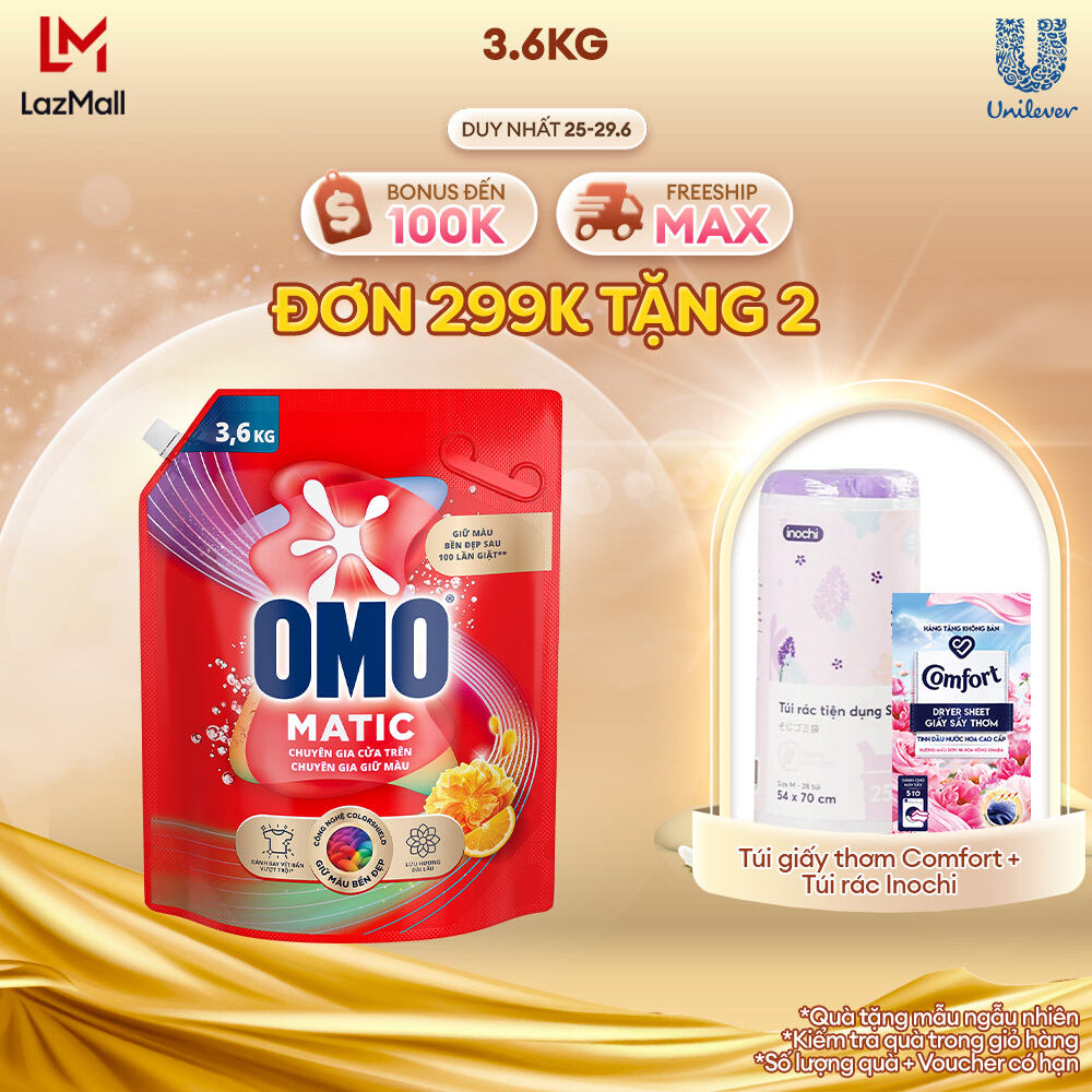 Túi Nước giặt OMO Matic Hương Cam & Hổ phách Chuyên gia giữ màu Cho máy giặt cửa trên 3.6kg