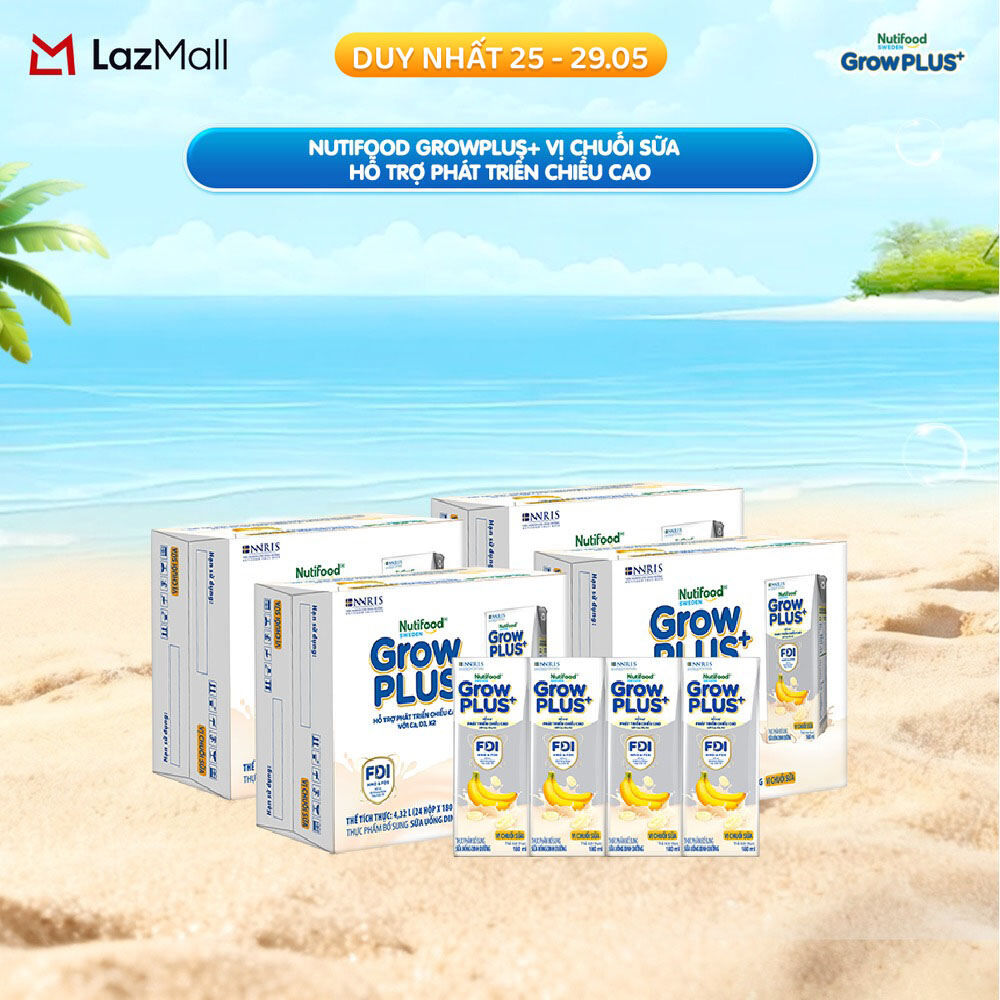 Combo 4 Thùng 24 hộp Sữa bột pha sẵn Nutifood GrowPLUS+ Vị Chuối Sữa hộp 180ml - Hỗ trợ phát triển chiều cao