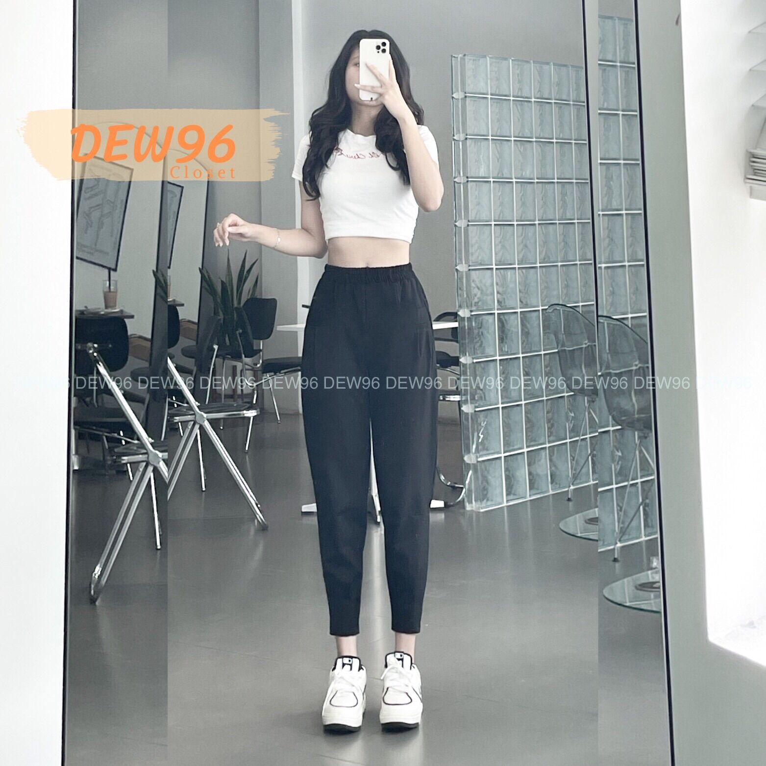 Quần jogger nữ lưng cao cạp chun chất vải Umi Hàn co dãn có túi trước