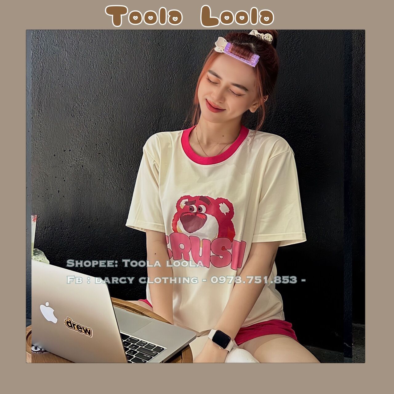 Set bộ nữ áo thun tay ngắn cổ tròn in họa tiết gấu dâu Crush dễ thương và quần short đùi vải nỉ cao cấp