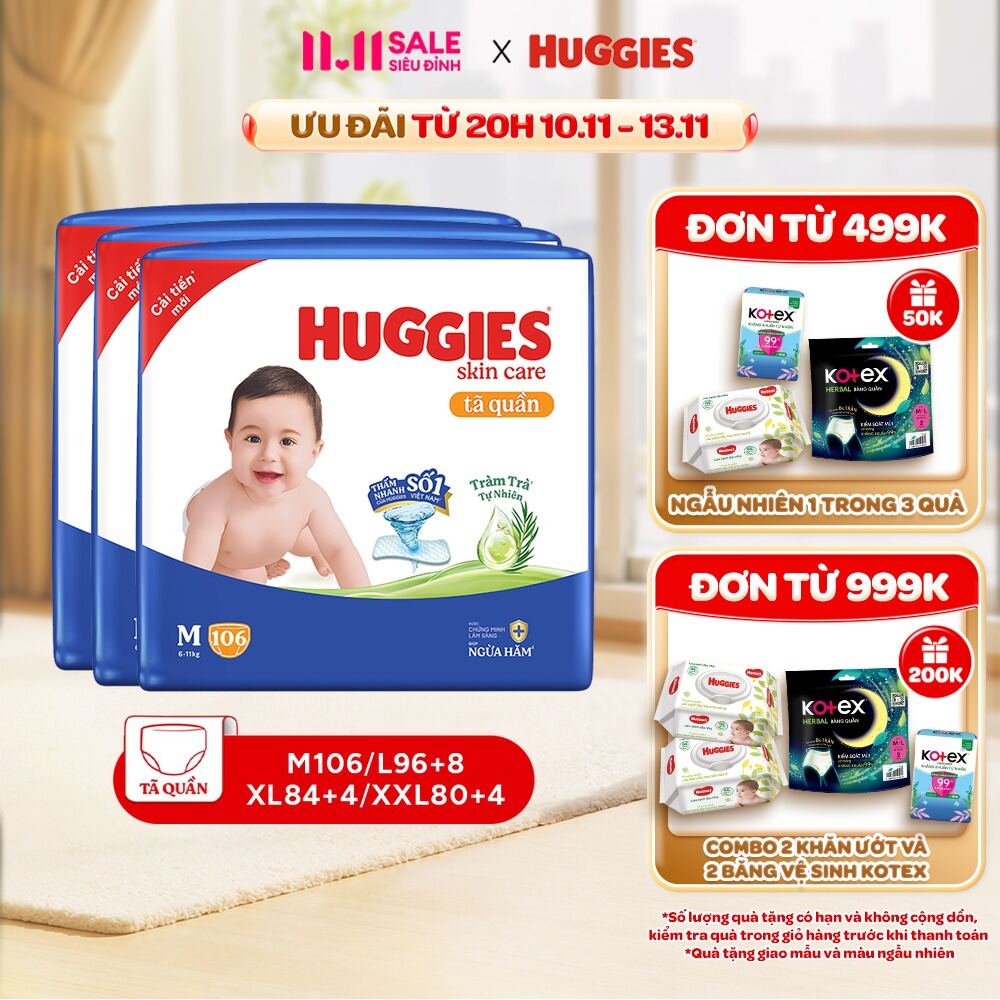 Combo 3 gói Tã quần Huggies Skincare Mega Jumbo M106/L100+4/XL84/XXL76 với tràm trà dịu da