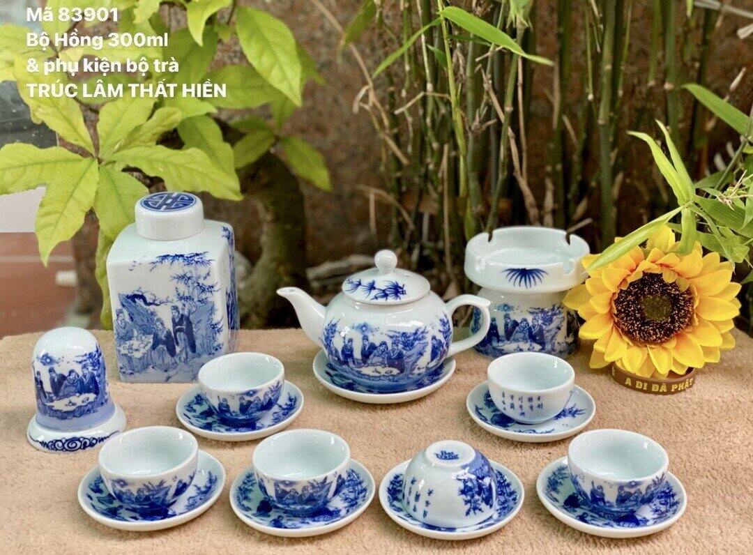 Bộ ấm chén men lam vẽ cảnh Trúc lâm thất hièn.Hàng vẽ tay gốm sứ Bát Tràng.