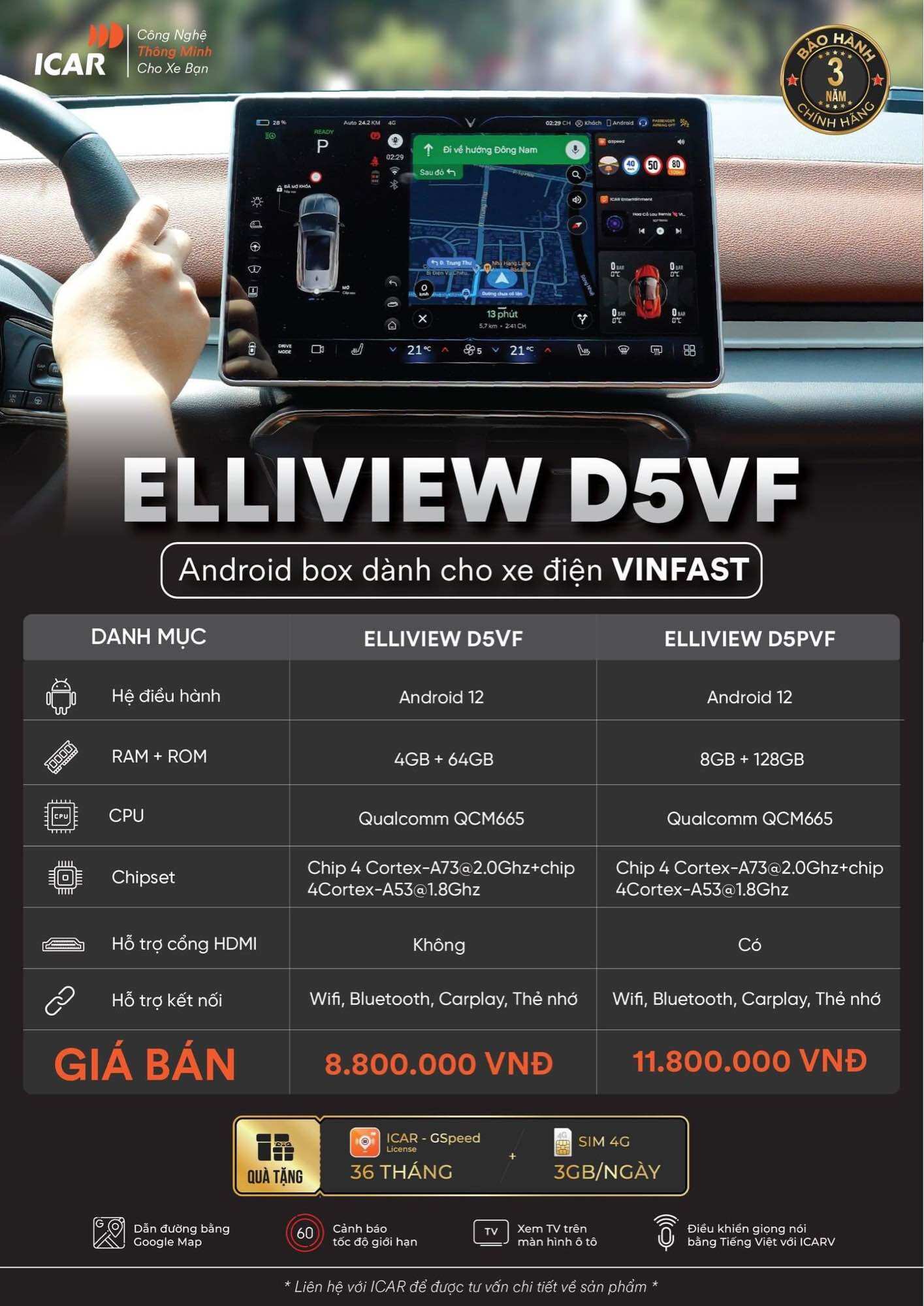 Android box Elliview D5 phiên bản dành cho xe điện Vinfast