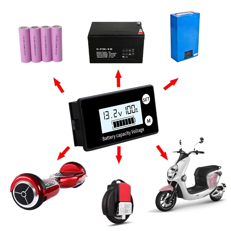 Đồng hồ đo dung lượng pin lithium, pin sắt, ắc quy điện áp hoạt động 8V-100V, hiển thị 4 thông số