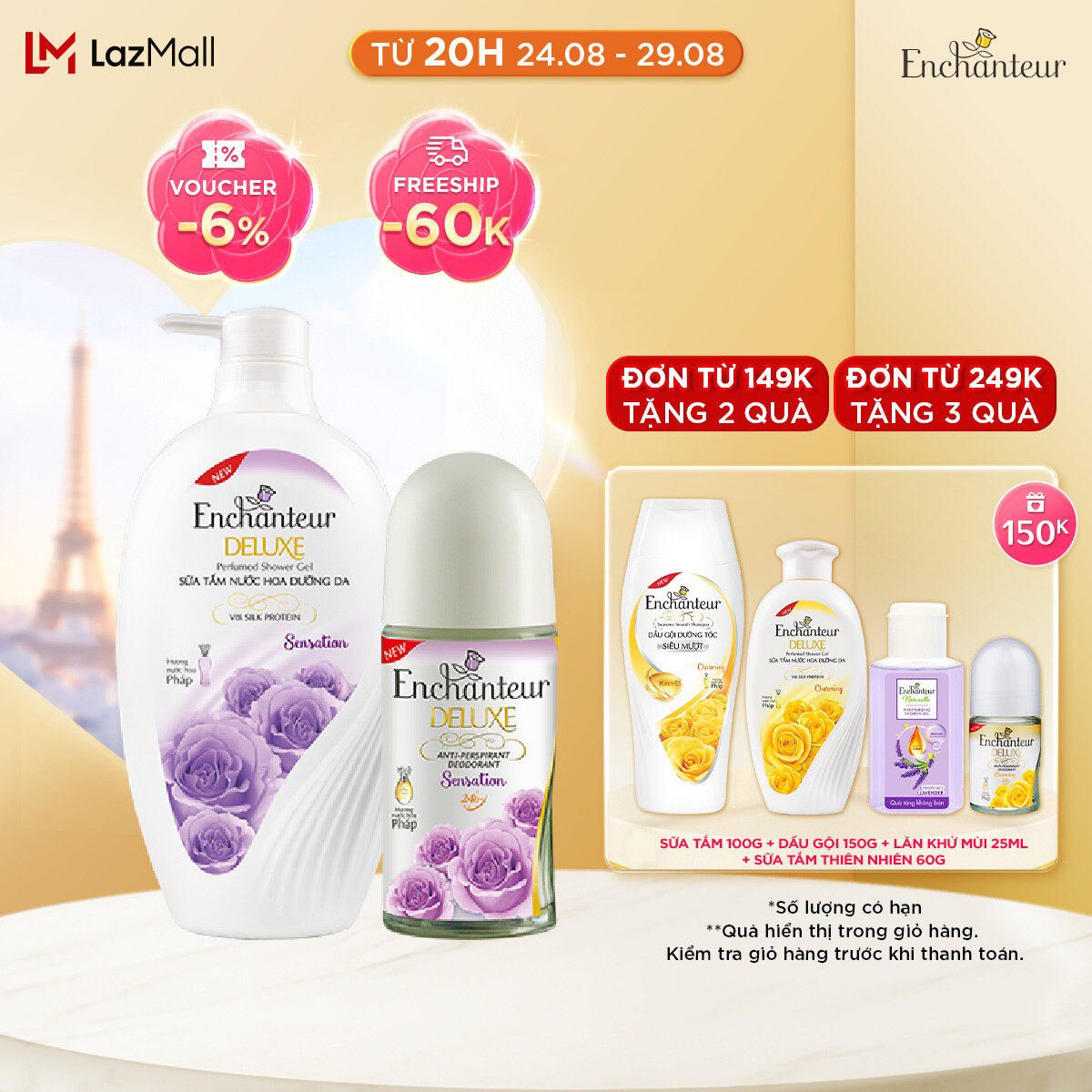 [QUÀ TẶNG XMAS] Combo Enchanteur Sữa Tắm Nước Hoa Dưỡng Da Sensation 650G và Lăn khử mùi hương nước hoa Sensation 50ml