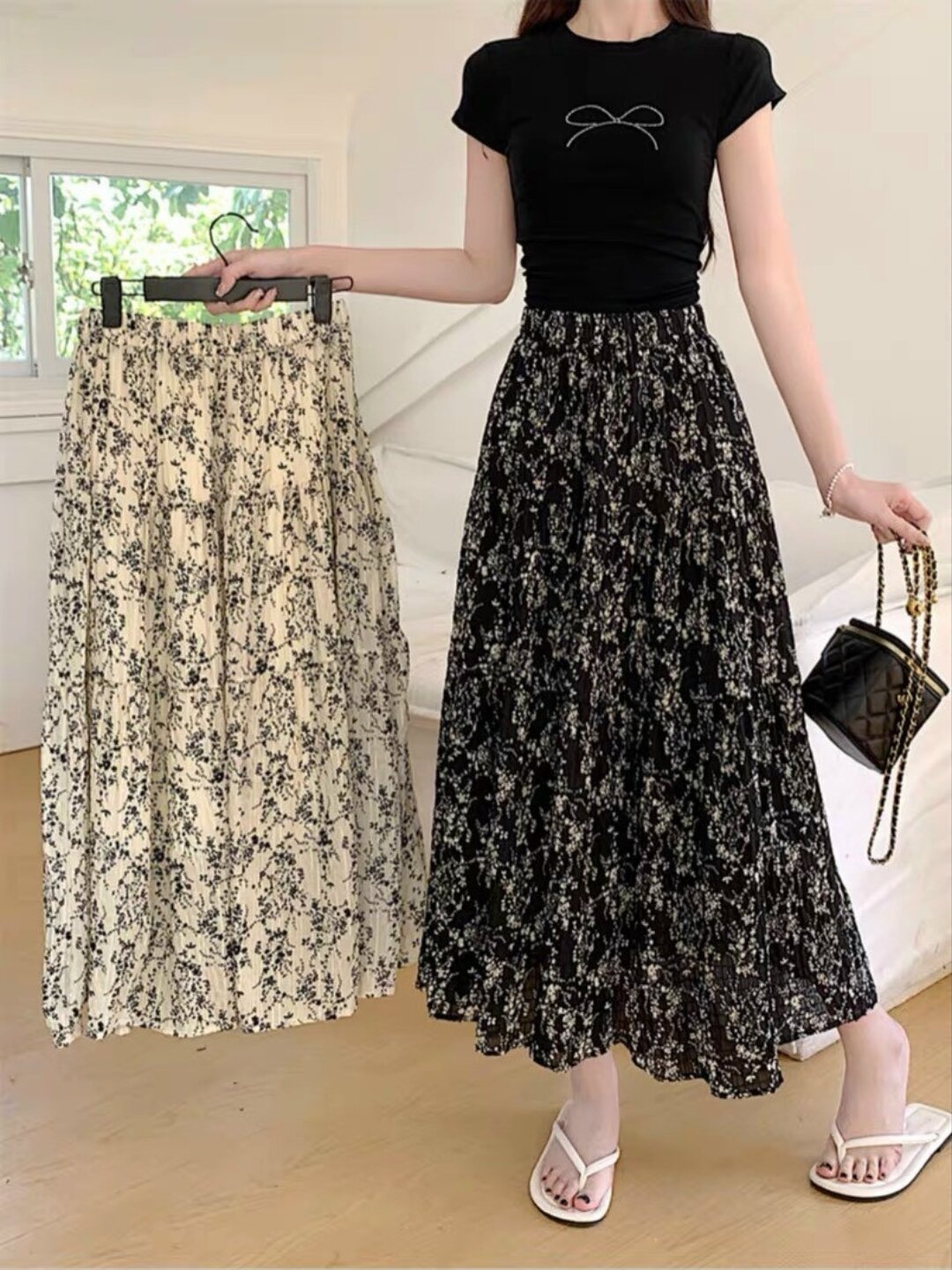 Chân váy midi hoá nhí xoè 3 tầng màu đen trắng hàn quốc