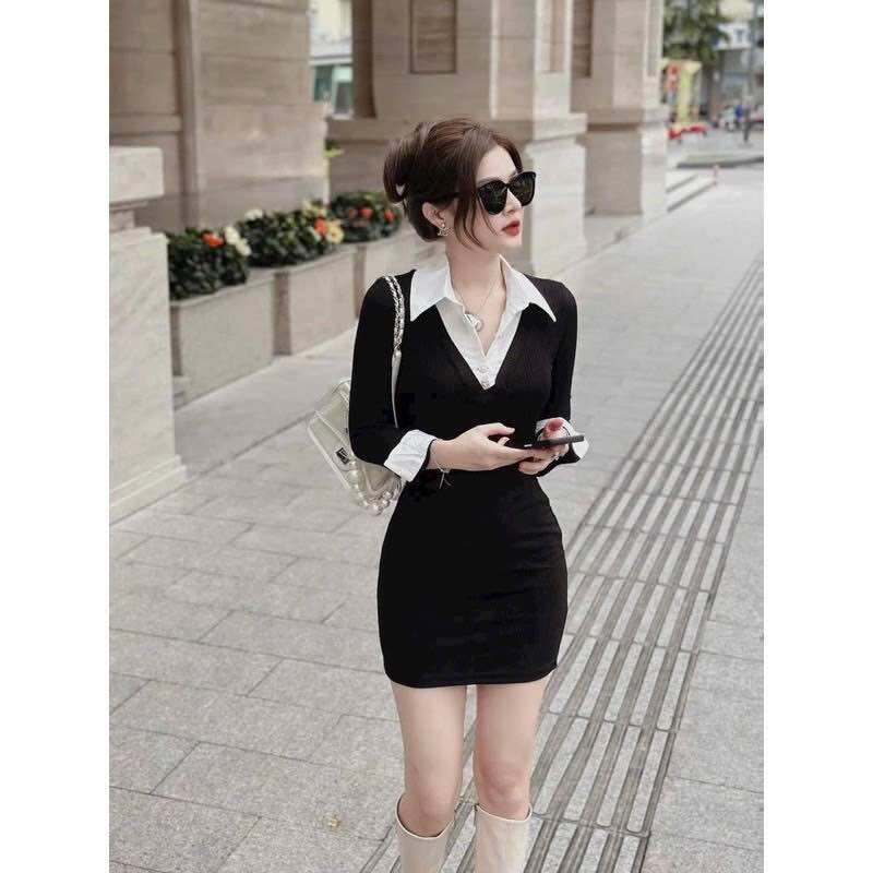  Đầm ôm body tay dài - đầm đen phối áo sơ mi trắng dễ thương- đầm công sở lịch sự - BN29 