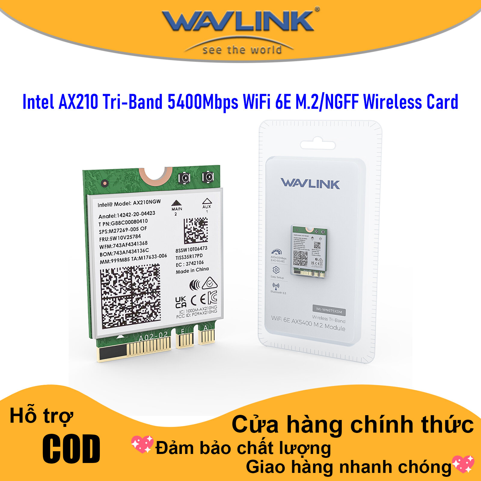 WAVLINK Card WiFi Intel AX210 WiFi 6E M.2/NGFF PCIe Ba Băng Tần 2.4/5/6GHz 5400Mbps Adapter Mạng Khô