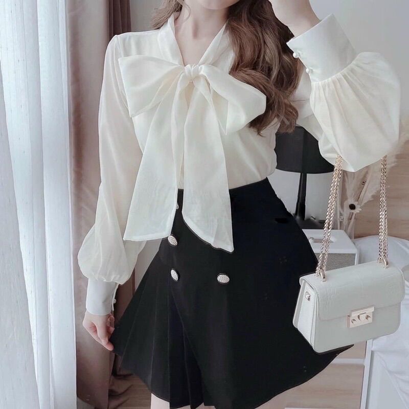 Áo sơ mi cổ nơ tiểu thư