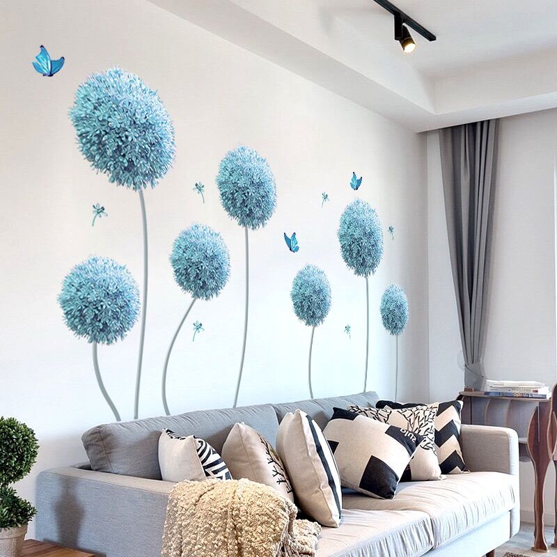 Decal dán tường phòng khách cẩm tú cầu xanh.