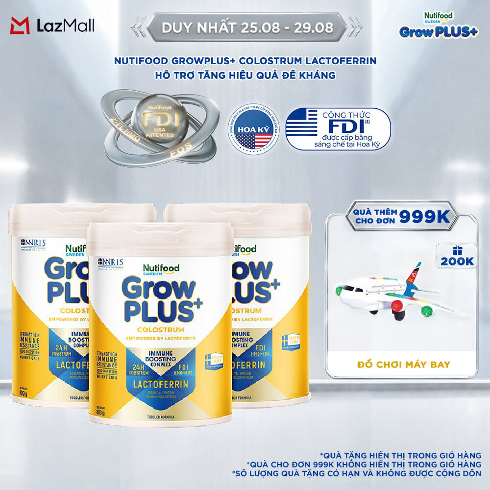 Combo 3 Sữa bột Nutifood Sweden GrowPLUS+ Colostrum Lactoferrin 800g