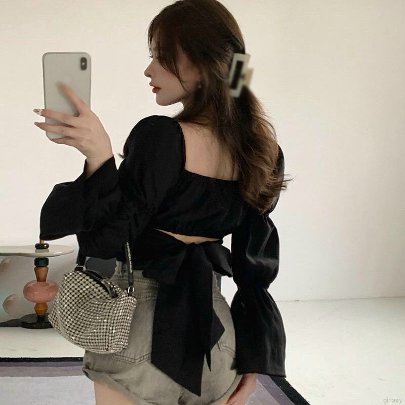 Áo kiểu croptop tay dài khúc cột eo BO1