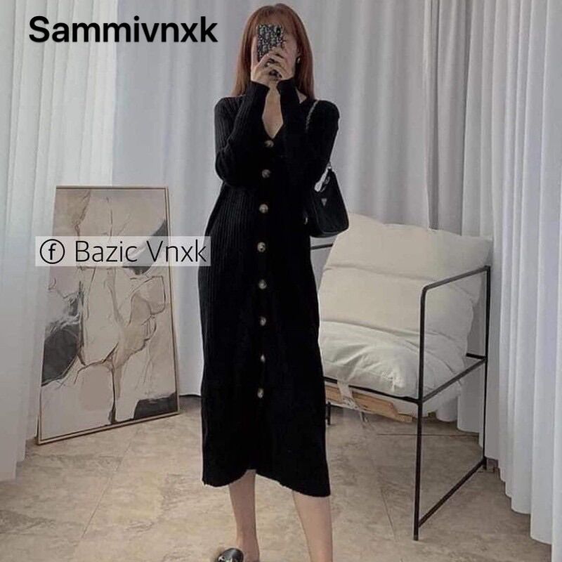 Váy dáng suông dài tay nữ phối cúc❤️Đầm đũa dáng suông phối cúc vân đá bassic
