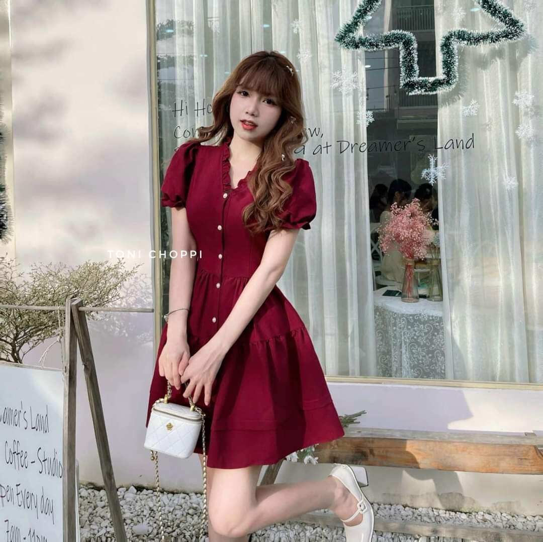 Đầm xòe tay phồng cổ bèo siêu xinh (kèm ảnh chụp thật)