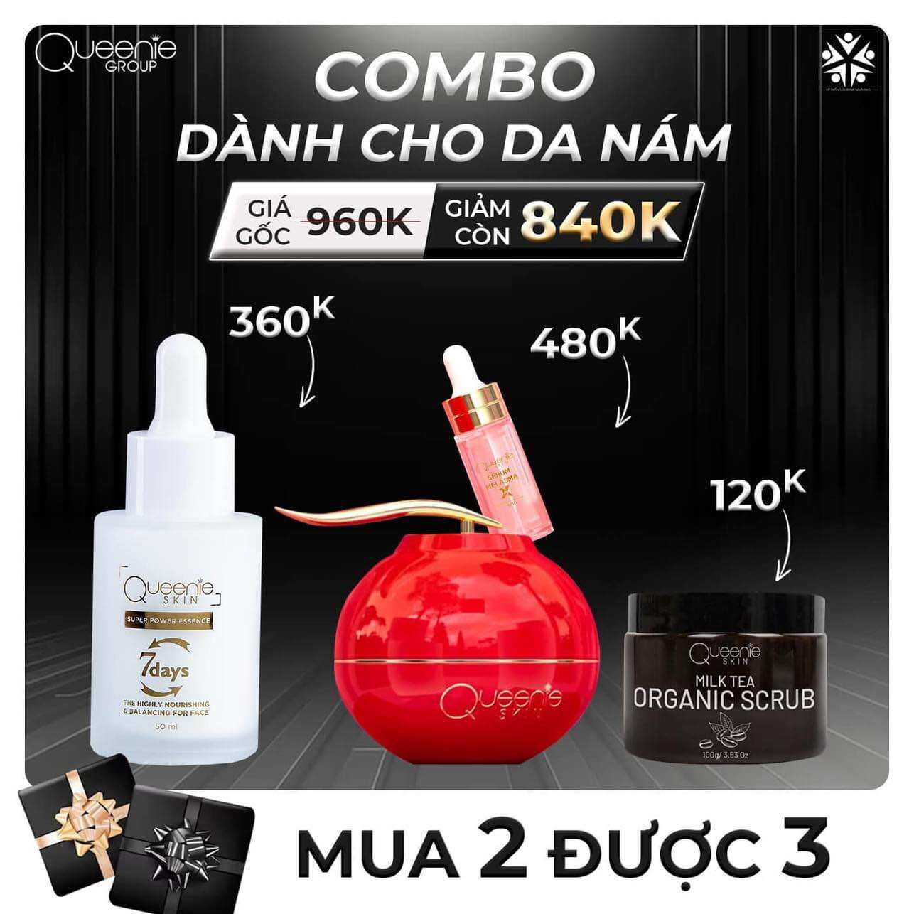 COMBO TRI NAM QUEENIE SKIN , BỘ SẢN PHẨM DƯỠNG DA DÀNH CHO DA NÁM [ KEM NÁM QUEENIE SKIN & HUYẾT THANH 7DAYS] [CHÍNH HÃNG]