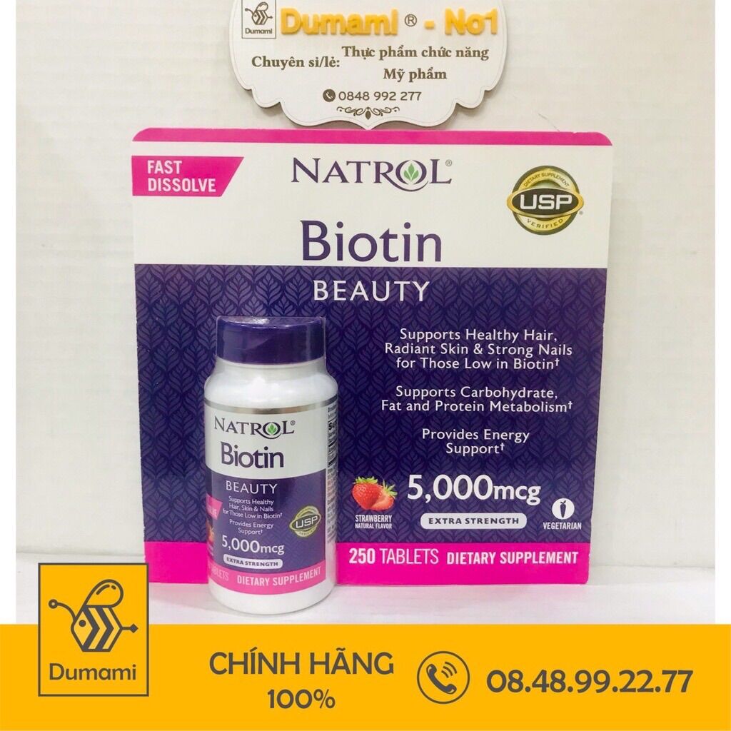 Viên kẹo ngậm hỗ trợ mọc tóc natrol biotin 5000mcg 250 viên - biotin 5000 mcg của mỹ