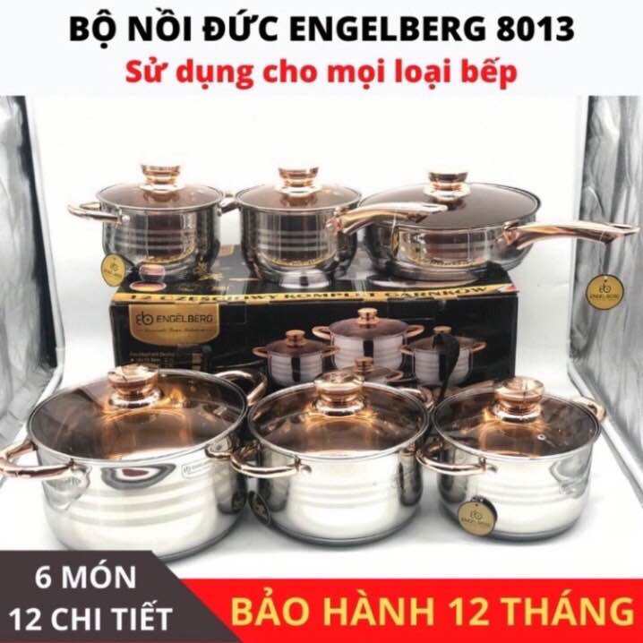 Bộ nồi ENGELBERG 6 món 12 chi tiết nhập khẩu từ Đức chính hãng Đáy nồi 5 lớp dày dặn từ chất liệu thép không rỉ thiết kế sang trọng chất liệu inox 304 an toàn tuyệt đối cho sức khỏe Dùng được cho tất cả các loại bếp