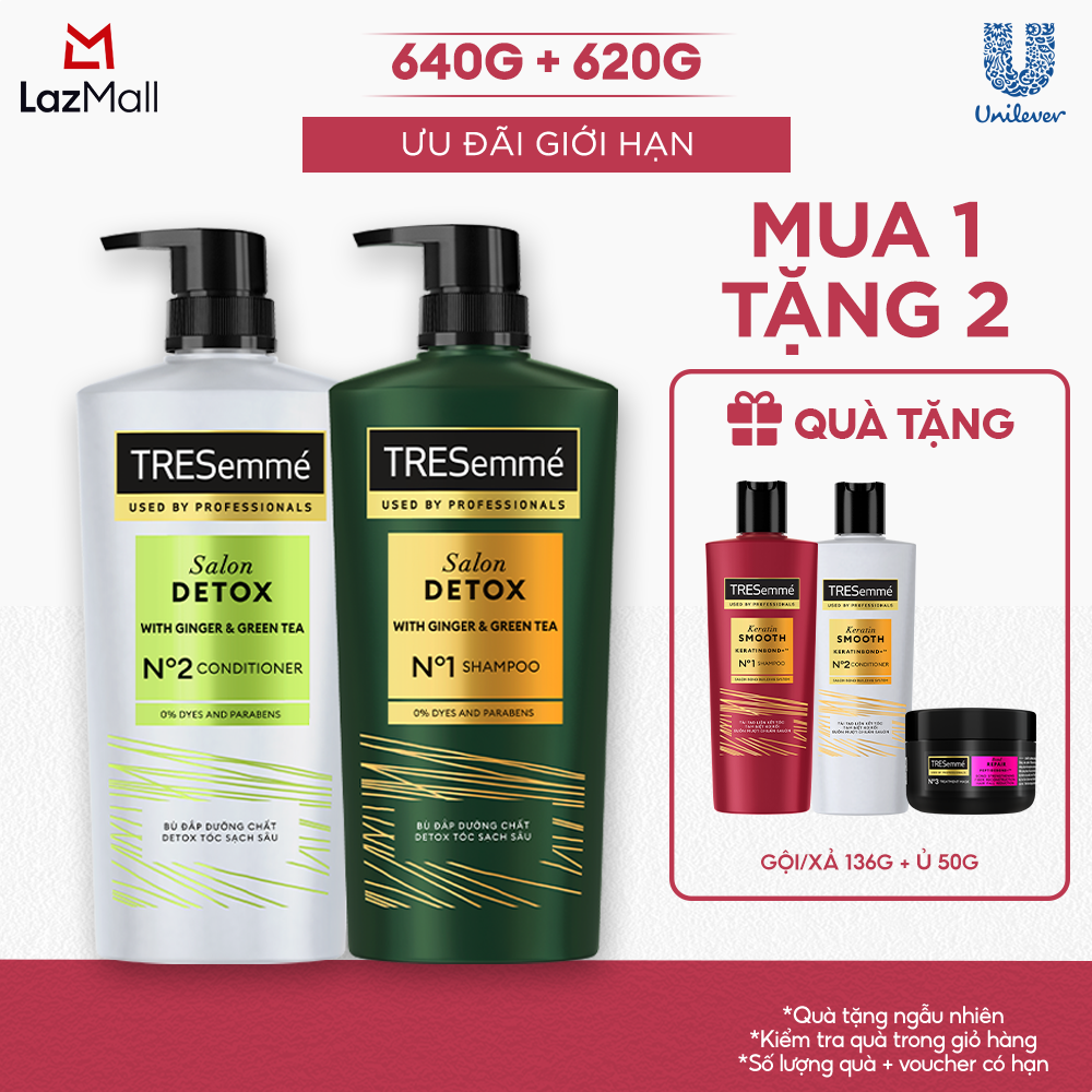 Combo Dầu Gội, Dầu Xả TRESemmé Salon Detox Cho Tóc Sạch Sâu Gừng Và Trà Xanh Dưỡng Tóc Chắc Khỏe 640g, 620g